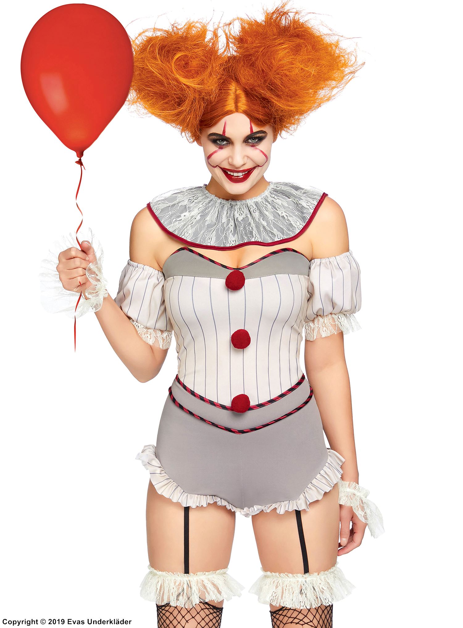 Kuslig clown (från IT), maskerad-romper med pom pom-knappar och volanger, ränder